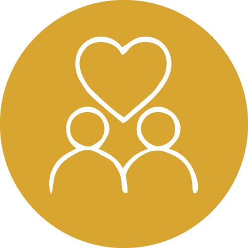 Icon of two people with a heart above them on a gold circle background.