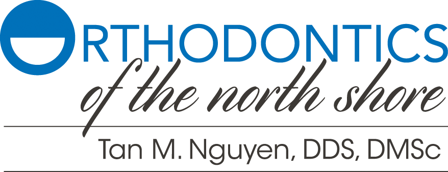 Orthodontics of the North Shore logo with a blue circle containing a white smiling mouth icon, and text in blue, black, and gray.