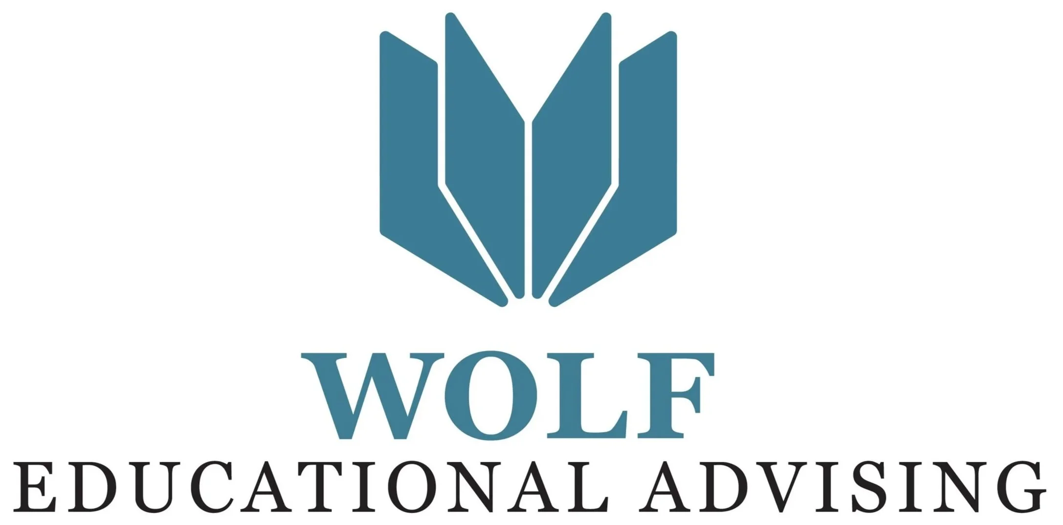 A logo featuring a stylized wolf head formed by geometric shapes in blue, with the words "WOLF" and "Educational Advising" beneath it.