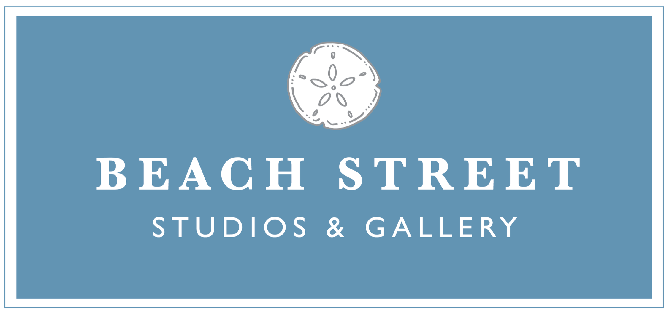 Sign for Beach Street Studios & Gallery with a sand dollar graphic on a blue background.