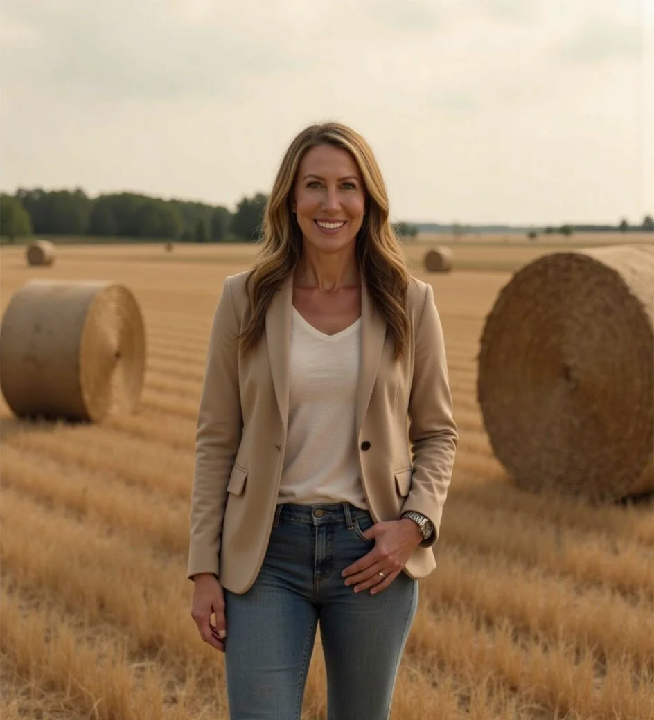 A woman smiling in a field with large hay bales in the background.