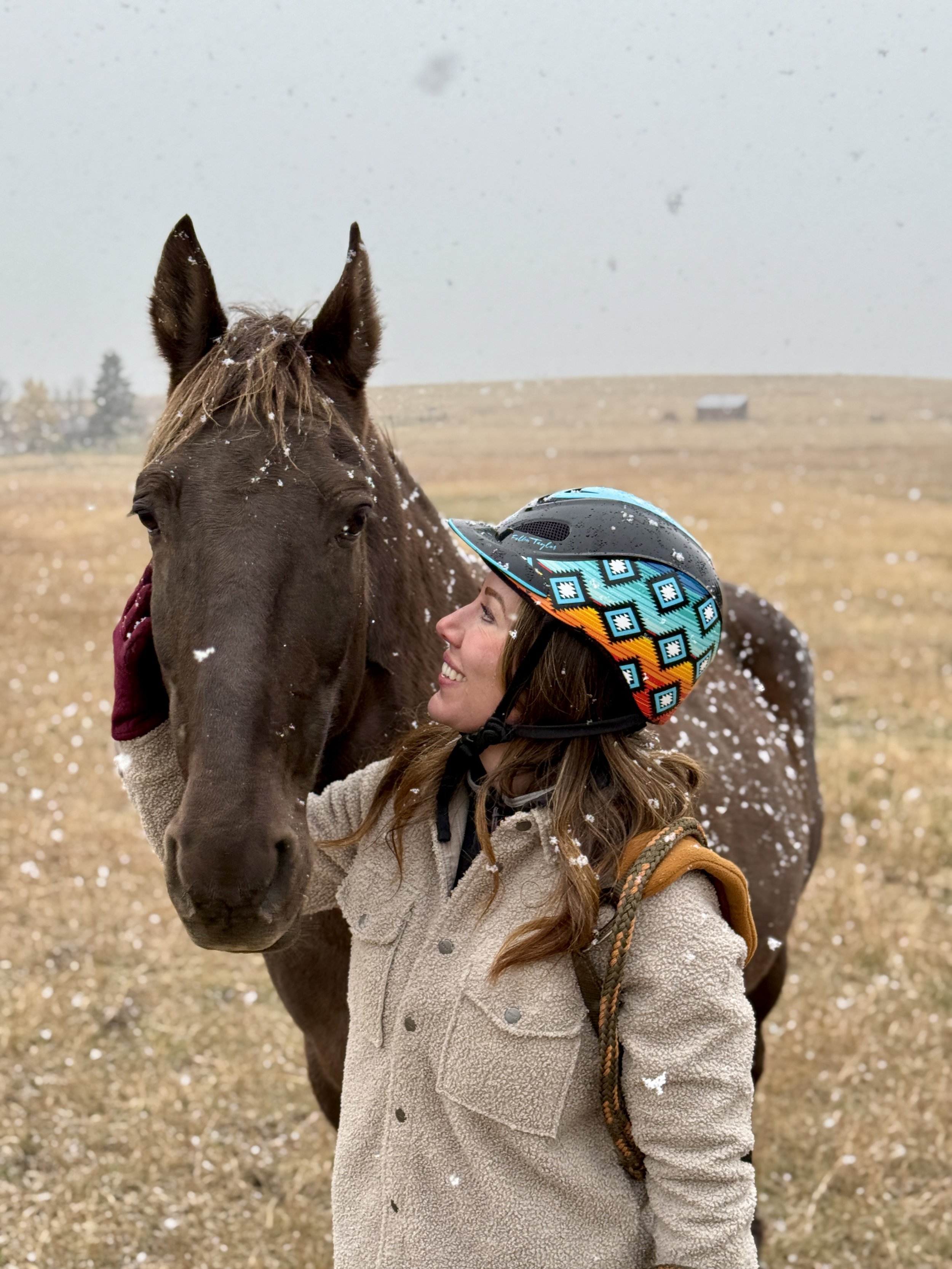 A woman wearing a colorful helmet smiles and looks at a brown horse with a snowy mountain landscape in the background.