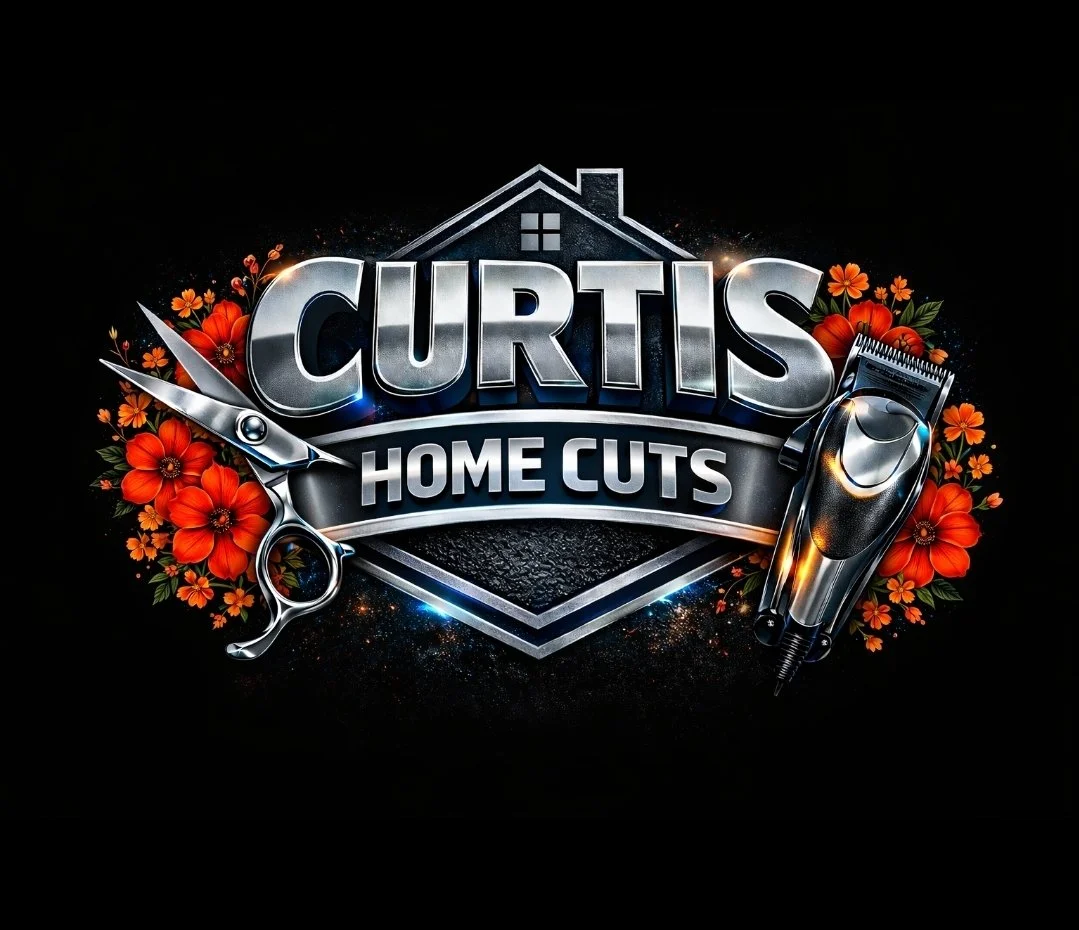 Logo for Curtis Home Cuts with a pair of scissors, an electric hair trimmer, and bright orange flowers on a black background.
