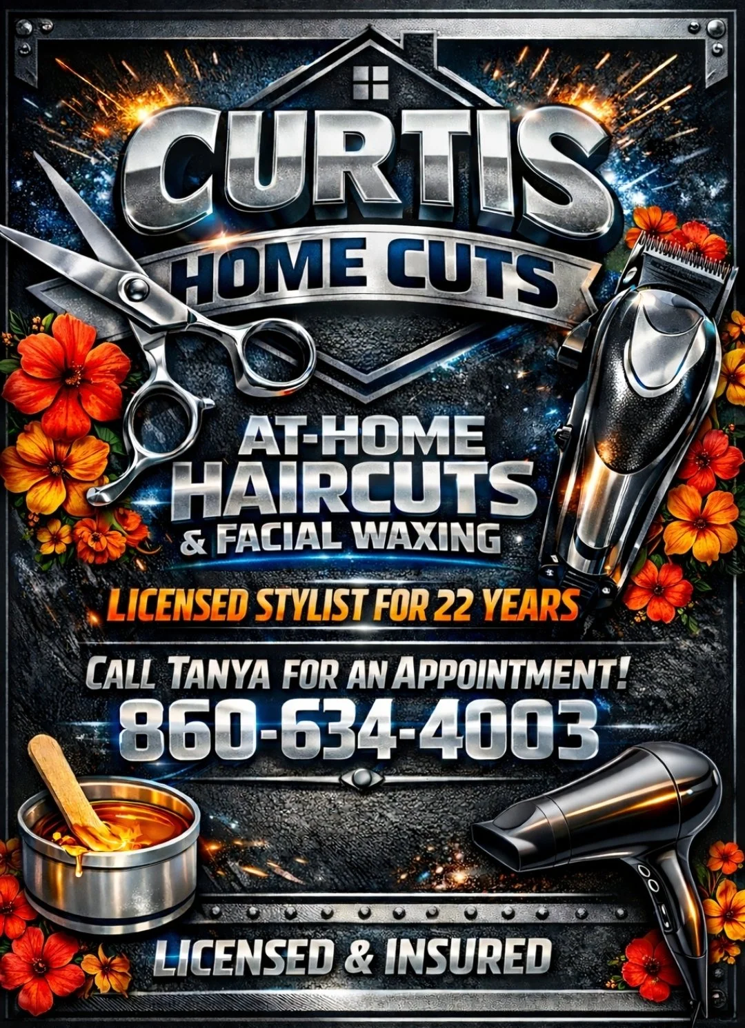 An advertisement for Curtis Home Cuts, offering at-home haircuts and facial waxing services. The ad features a large pair of scissors, an electric razor, a hairdryer, and a bowl of wax with a spatula. The background has fireworks and flowers, with text indicating the stylist's experience and contact information.