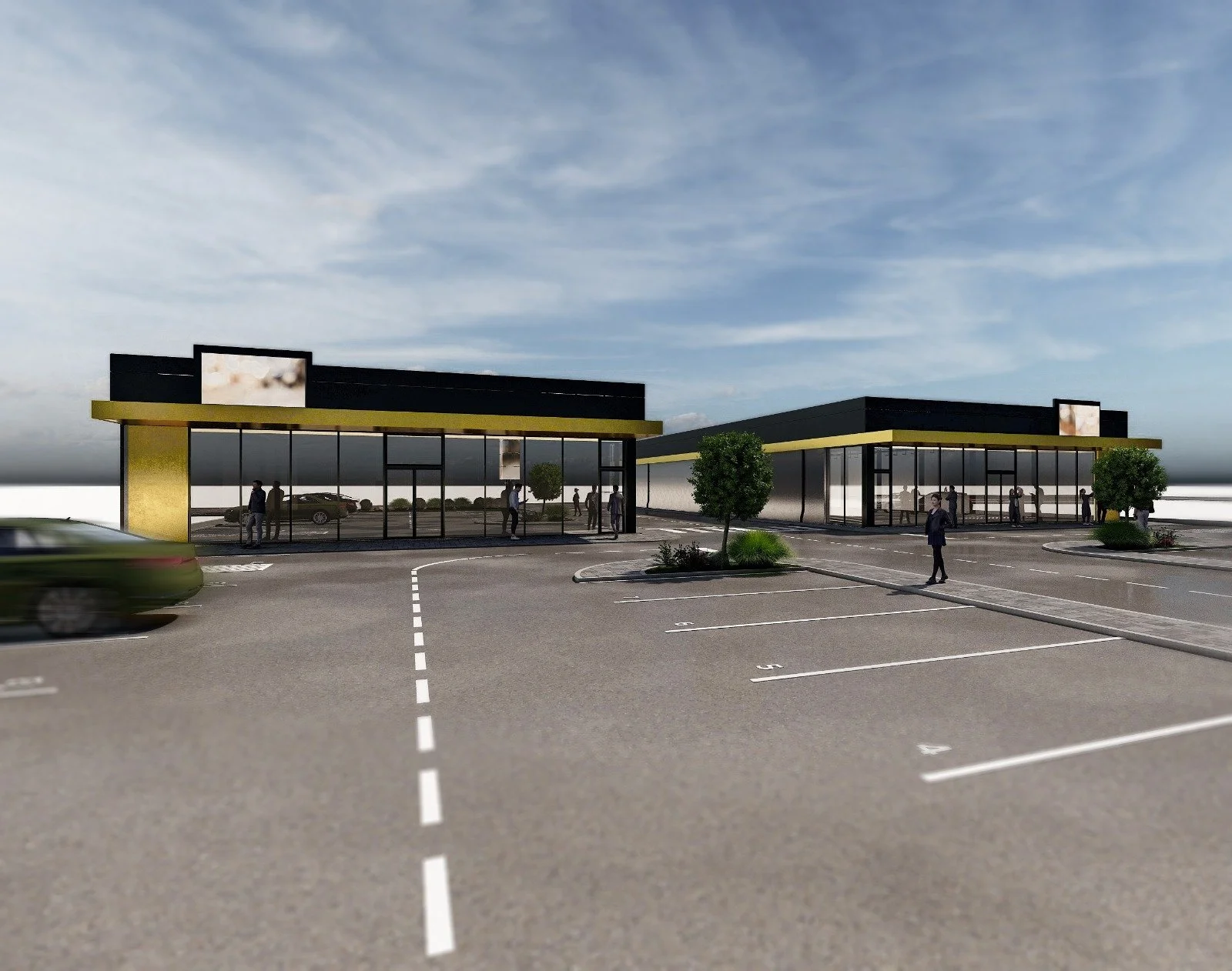 Fațada modernă a spațiilor comerciale Bucovina Retail Gate, proiectate pentru retail și servicii.