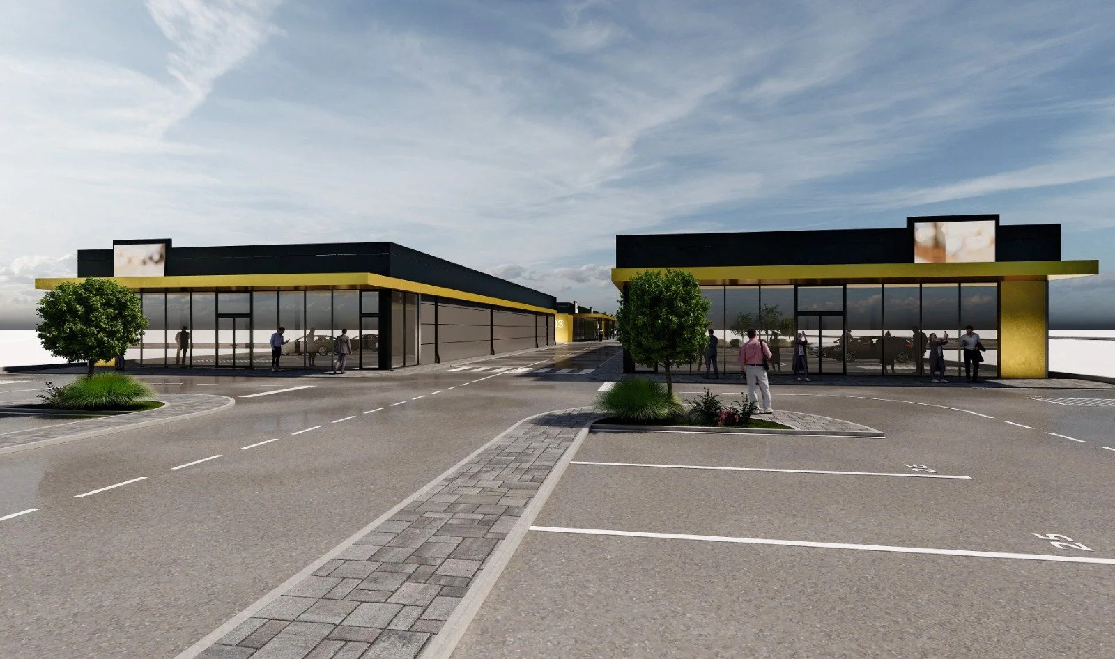 Spațiu comercial premium Clasa A în cadrul Bucovina Retail Gate, cu fațadă vitrată și acces direct din parcare.