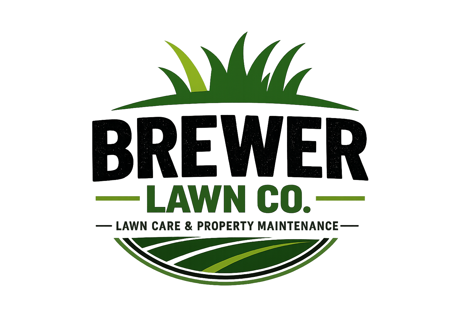 Neon sign for Brewer Lawn Co. with a green and black logo, including a stylized lawn and road graphic, and text indicating lawn care and property maintenance services.