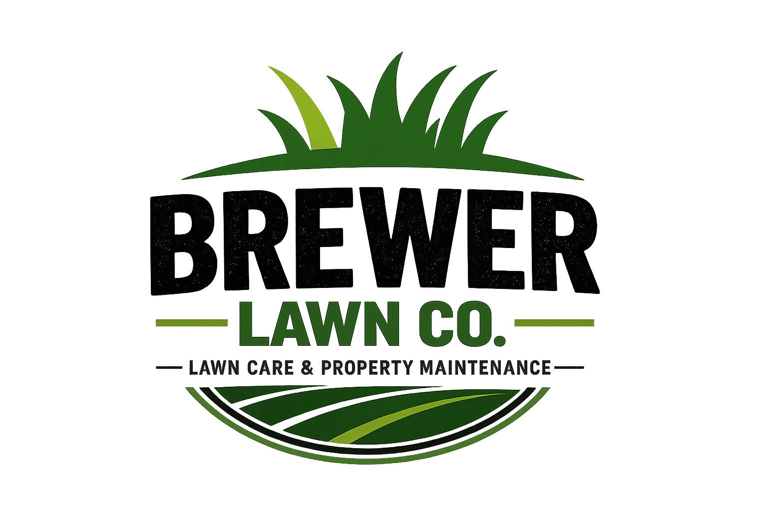 Logo for Brewer Lawn Co., a lawn care and property maintenance business, featuring a green leaf and a stylized road or lawn with the text "Brewer Lawn Co." and the tagline "Lawn Care & Property Maintenance."