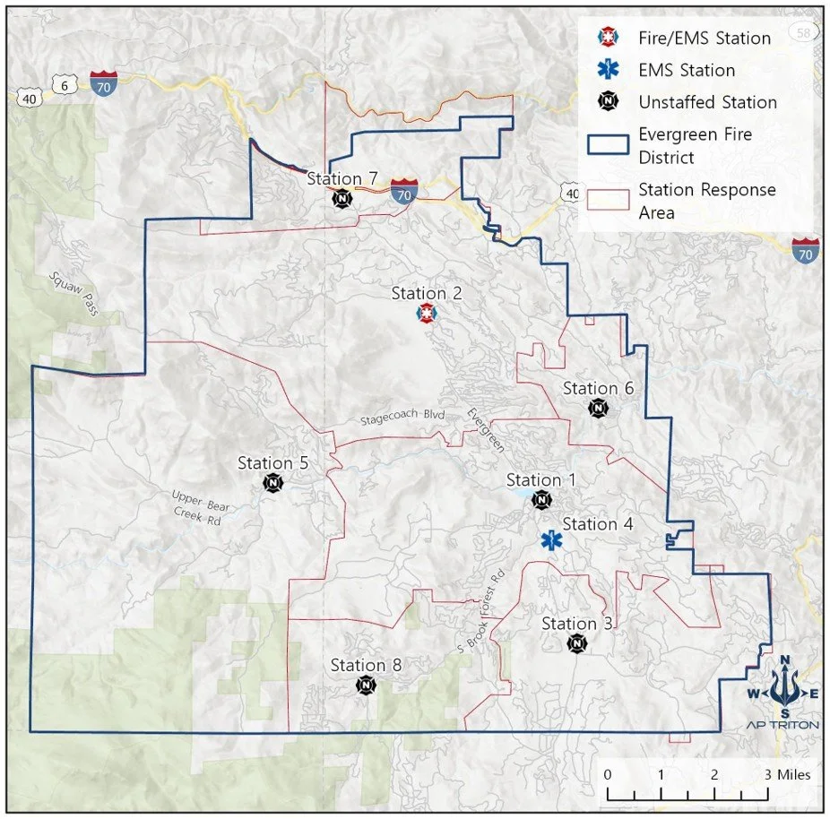Map of Evergreen Fire District and surrounding stations showing fire/EMS, EMS, and unstaffed stations, with station response areas highlighted. Key includes symbols for various station types and a compass rose.