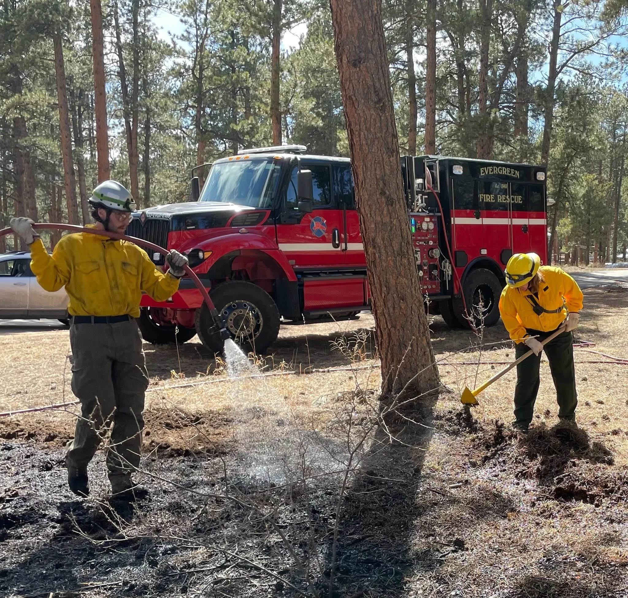 Firefighters in yellow protective gear and helmets working to extinguish a fire in a forested area, with a red fire rescue truck in the background.