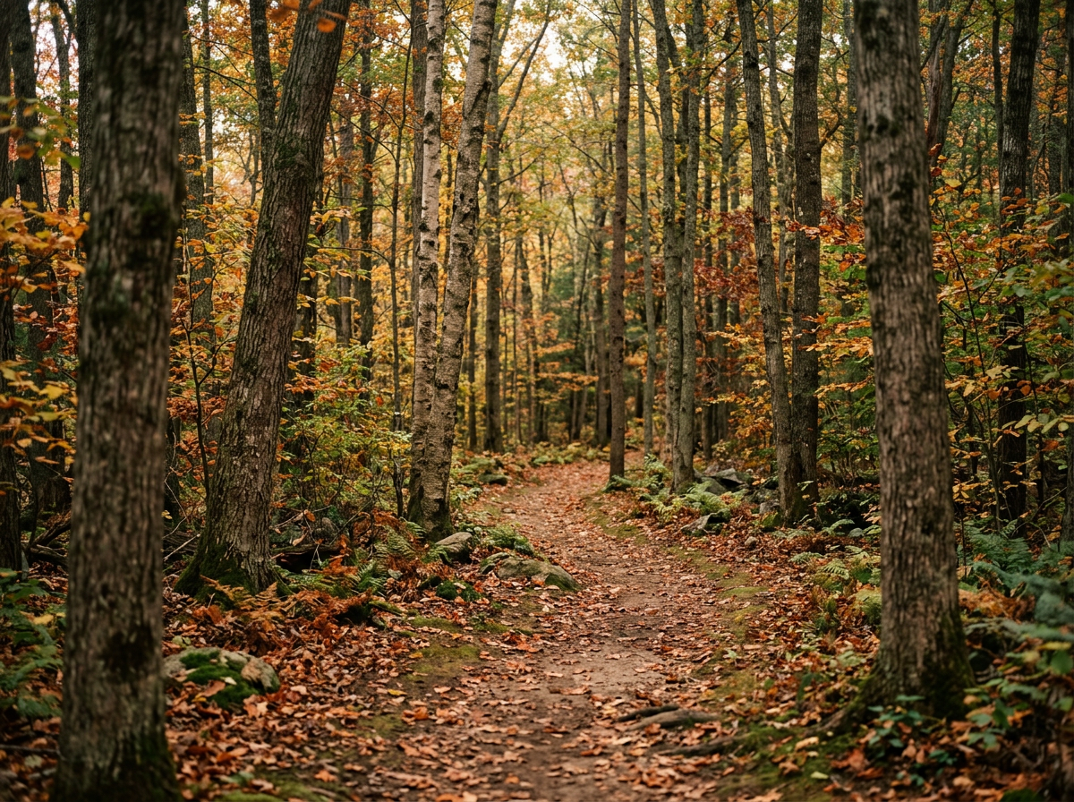 A dirt trail winds through a dense forest with tall trees and fallen leaves, suggesting an autumn setting.