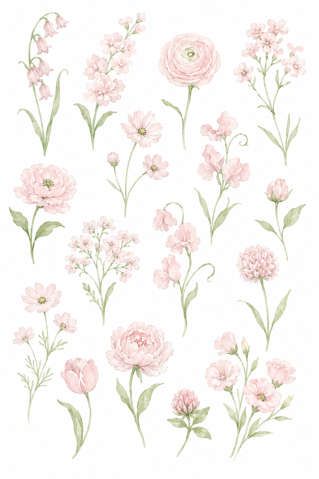 Watercolor illustration of various pink flowers and green leaves scattered across a white background.