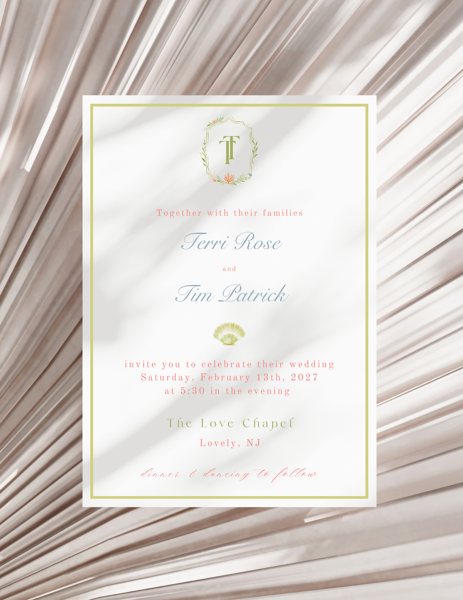 Wedding invitation with a white background, green border, and a decorative monogram at the top. The invitation features wedding details in red and blue text, including the names Terri Rose and Tim Patrick, and information about the wedding date, time, location, and celebration.
