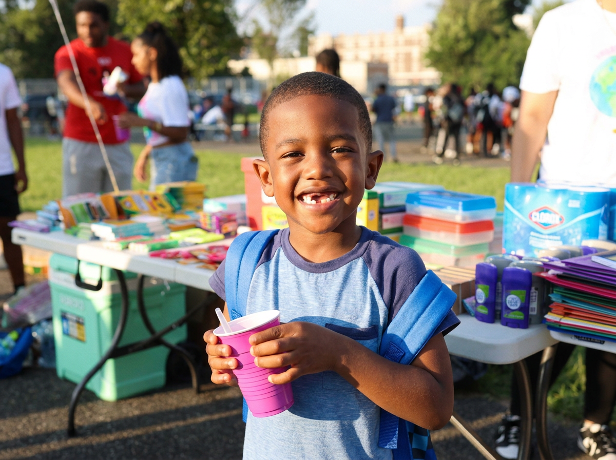 Smiling young boy holding pink cup with straw at outdoor school supply sale, tables with colorful supplies in background.