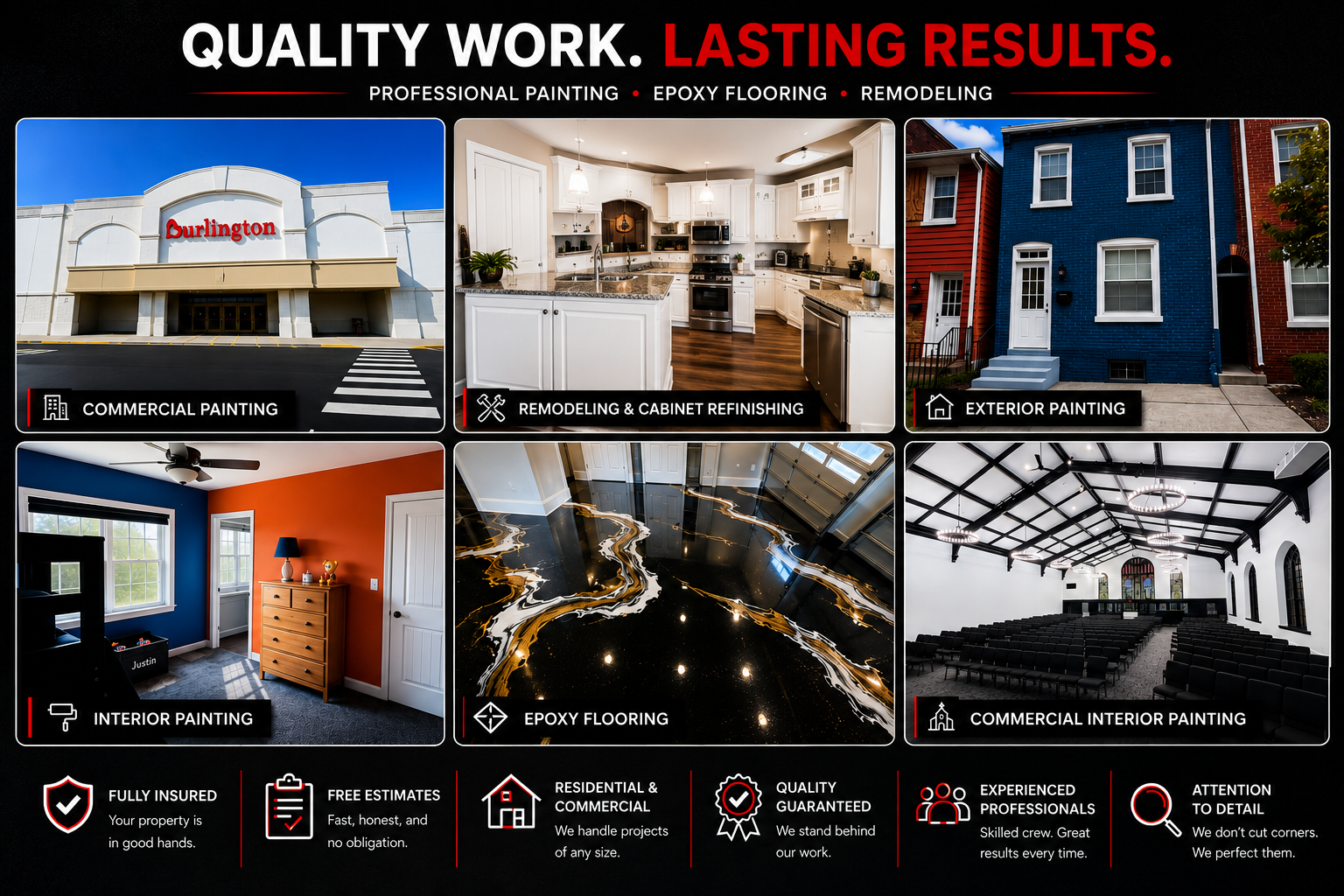 A promotional graphic for a painting and remodeling company displaying images of commercial, exterior, interior, epoxy flooring, and commercial interior painting services with related icons and text about service quality and guarantees.