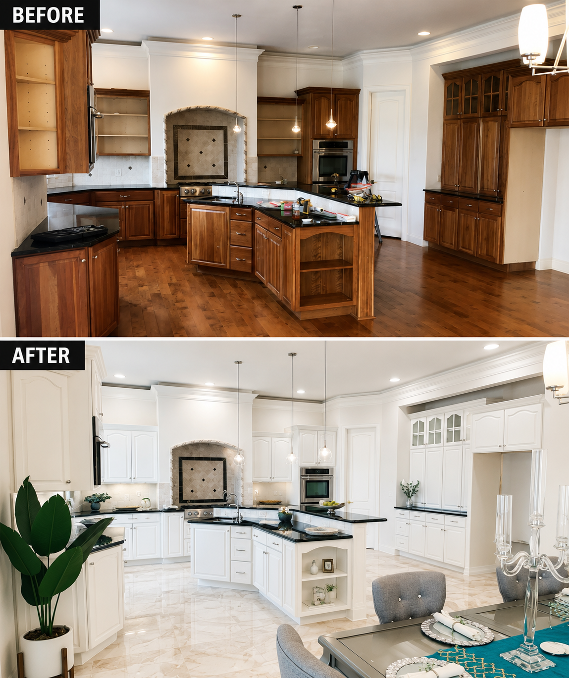 Comparison of a kitchen before and after renovation. The before image shows a rustic-style kitchen with dark wooden cabinets, black countertops, and hardwood flooring. The after image features a modern, white kitchen with white cabinets, light tile flooring, and updated decor.