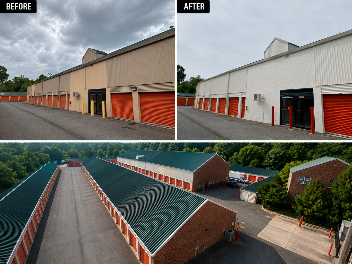 Comparison of a storage unit building before and after renovation, showing changes in exterior wall color from beige to white, and the view from an aerial perspective of the storage facility with multiple units and green surroundings.
