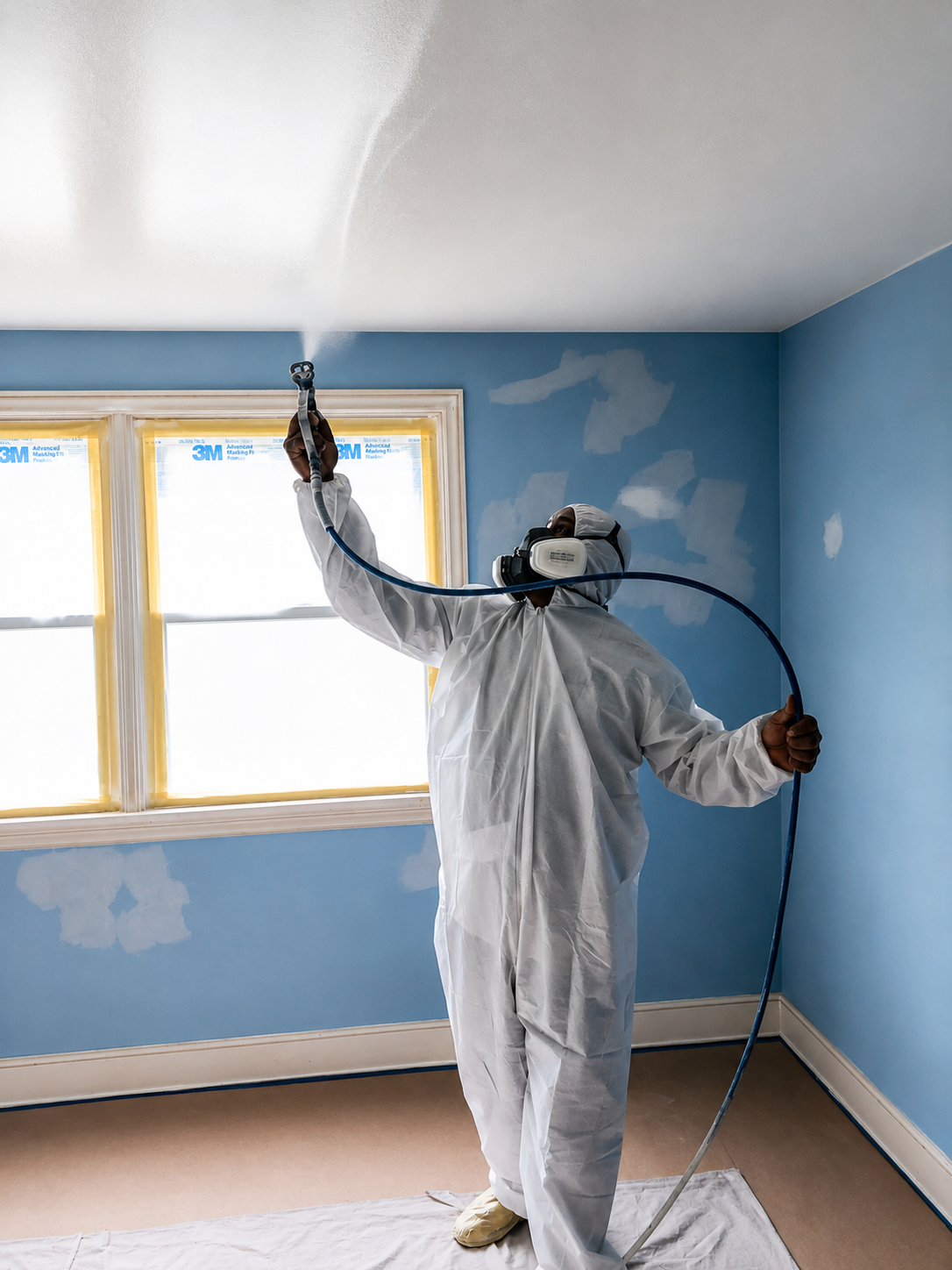 A person in protective gear spray painting a wall in a room with blue walls and white trim.