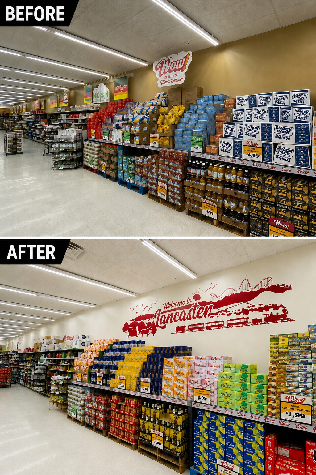 Before and after images of a grocery store aisle renovation, showing a wall mural and colorful product displays.