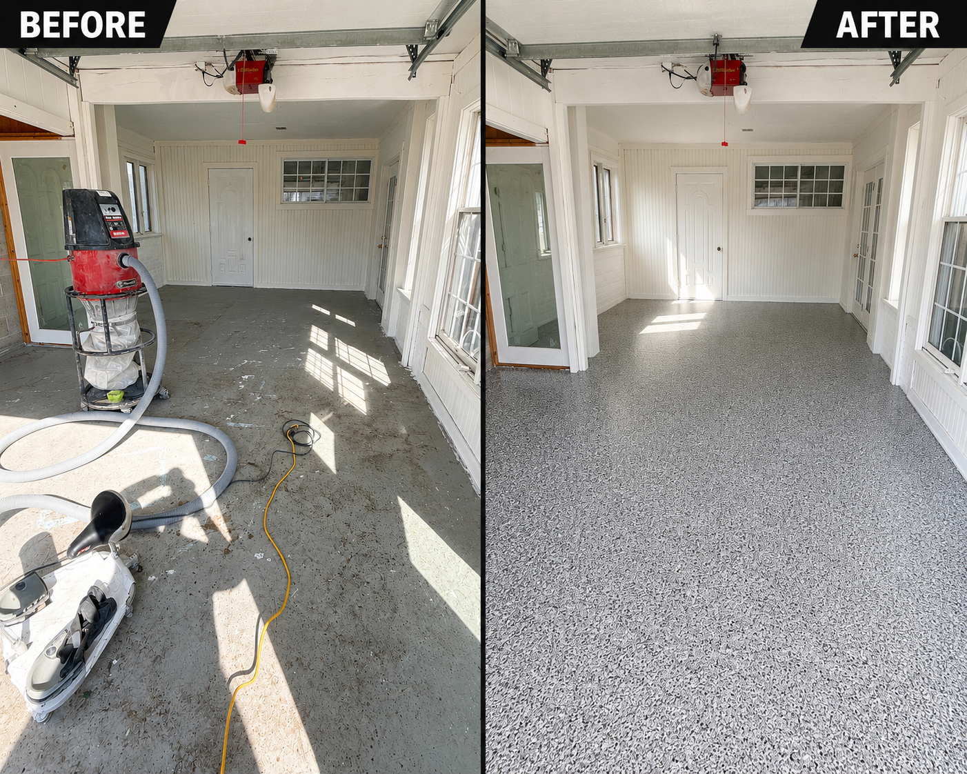 Side-by-side comparison of a room before and after renovation; the 'before' side shows an unfinished space with tools and construction debris, while the 'after' side displays a clean, finished room with textured gray carpet and completed wall paneling.