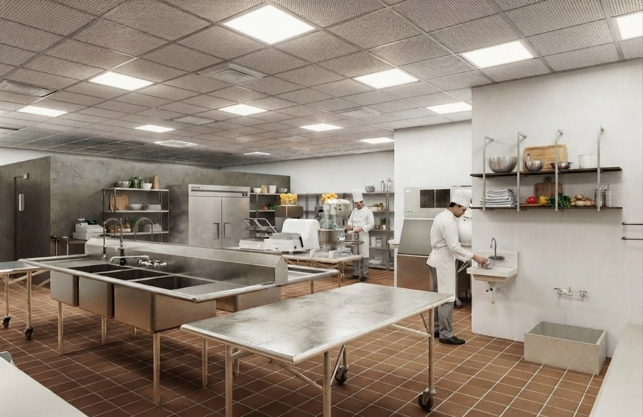 Commercial kitchen with stainless steel appliances, chefs in white uniforms, and work tables with a tiled floor and ceiling lights.