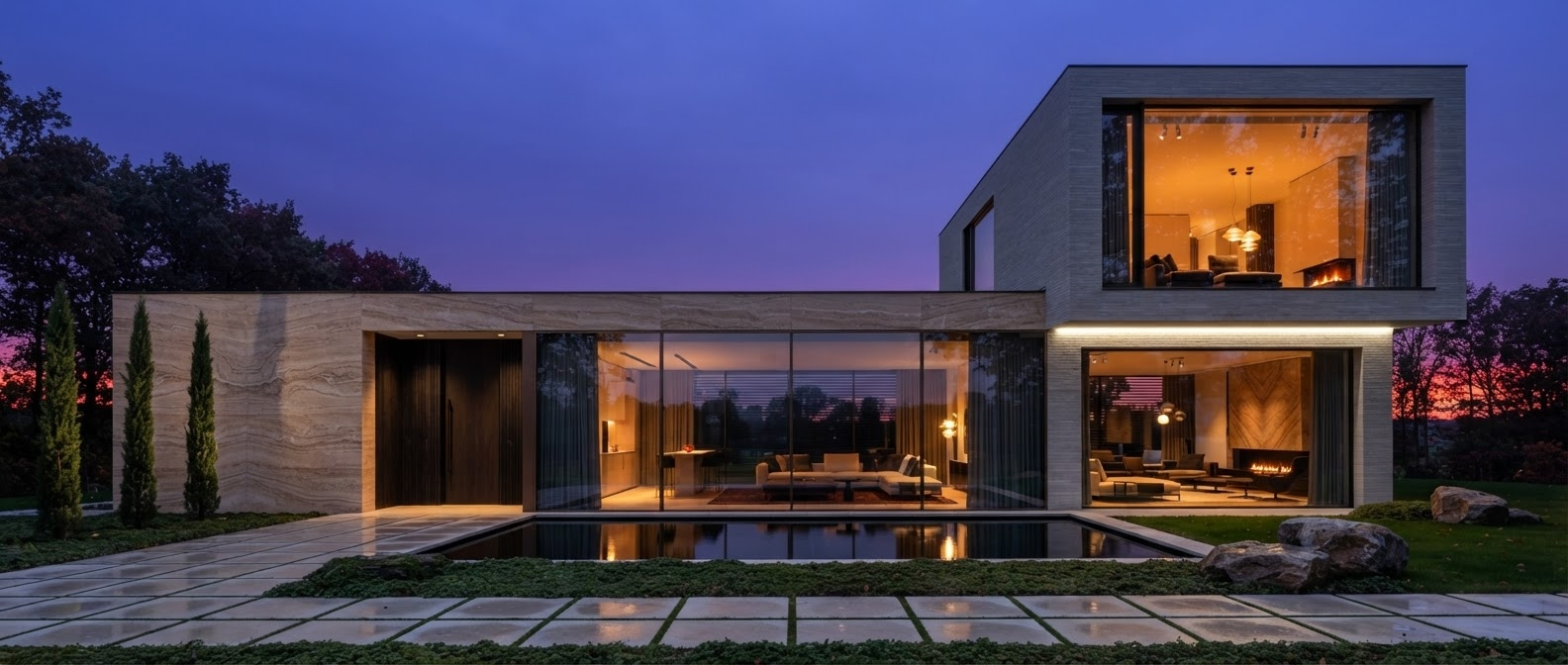 Modern two-story house with large glass windows illuminated from inside, trees and rocks in the yard, during sunset or dusk