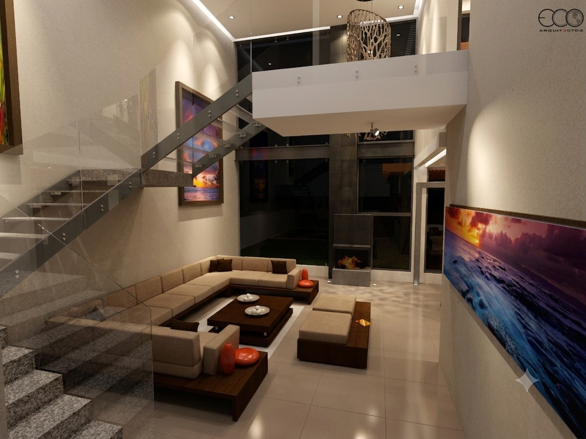 Modern living room with beige sectional sofa, wood coffee table, and large wall art of a sunset over the ocean. Glass staircase leads to an upper level, and there's a balcony with a decorative woven chair. The space features contemporary design with neutral tones and soft lighting.