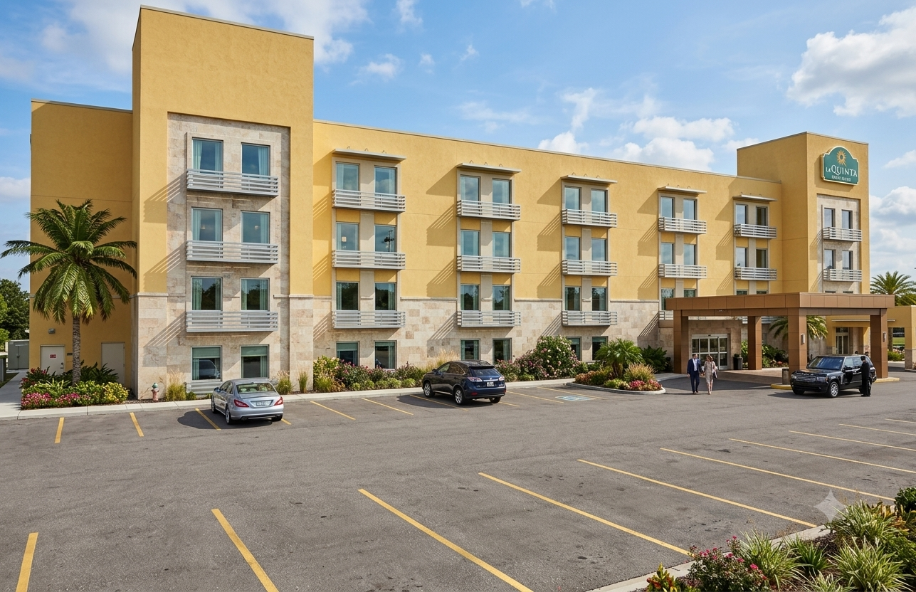 Exterior of a hotel named La Quinta with a yellow facade, multiple balconies, palm trees, flower beds, and a parking lot with a few cars and people entering.