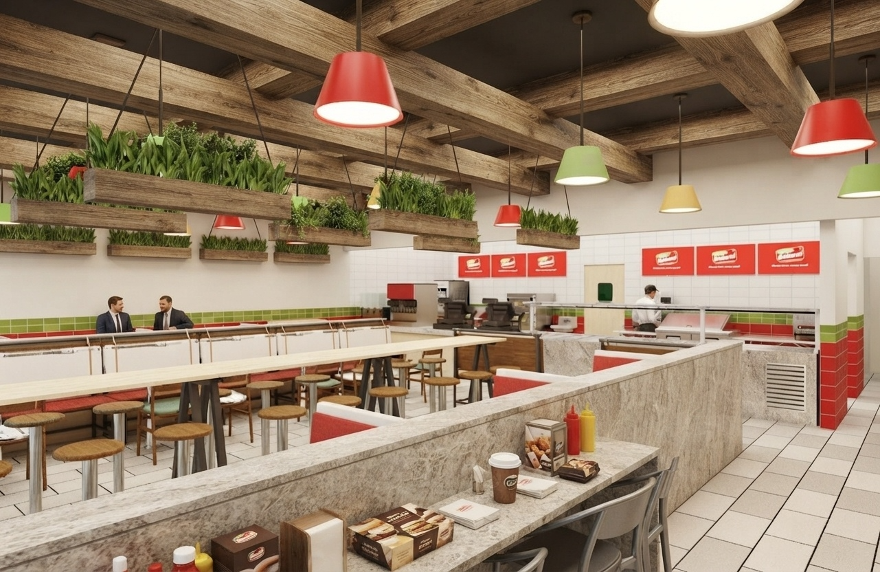 Inside a modern fast-food restaurant with a counter, seating area, and menu boards. There are overhead hanging plants and colored pendant lights.