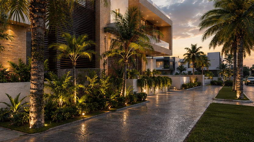 Luxury modern house with palm trees and landscaped garden walkway during sunset.
