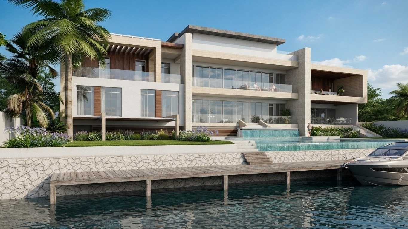 A modern multi-story waterfront house with large glass windows, balconies, and a pool along the water, surrounded by palm trees and lush greenery.