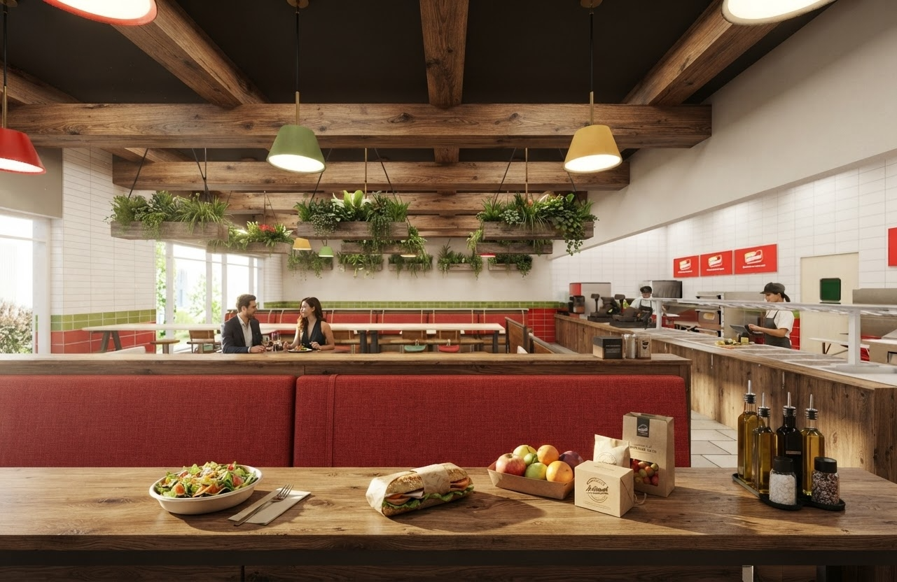 Inside a casual restaurant with red booths, hanging plants, and wooden decor. Two people are dining at a table, and staff are working behind the counter. Food items and condiments are on the front table.
