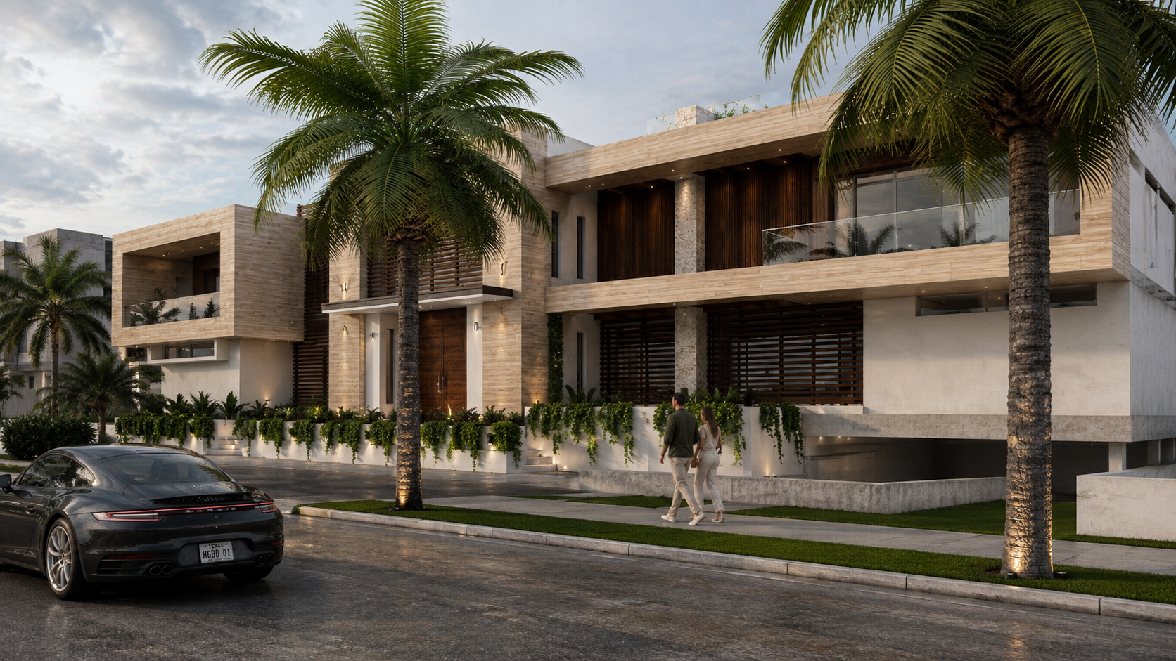 Modern residential building with palm trees in front, a black luxury car parked outside, and two people walking along the sidewalk.
