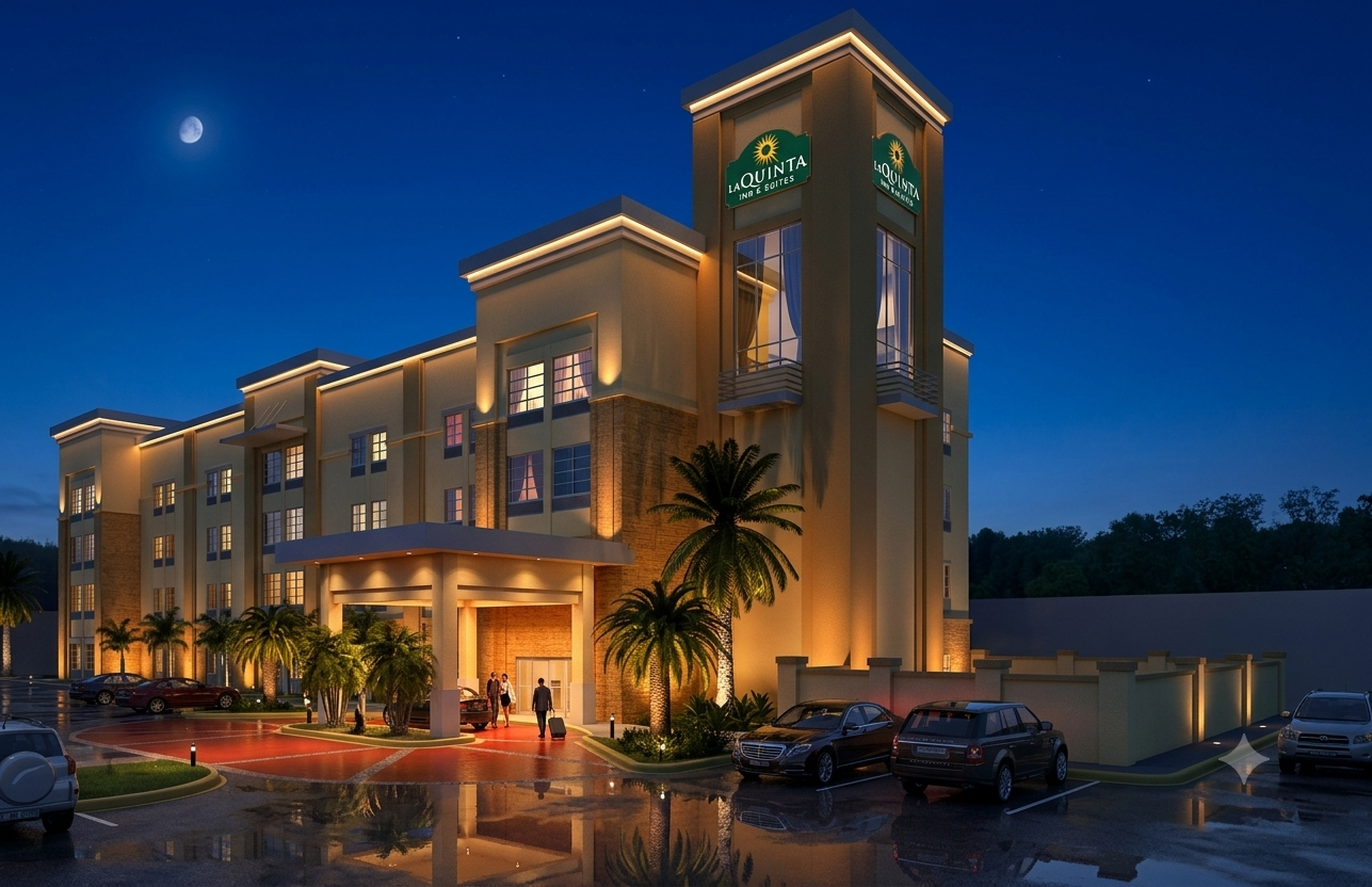 Exterior view of La Quinta hotel at night with lit entrance, palm trees, parked cars, and the moon in the sky.