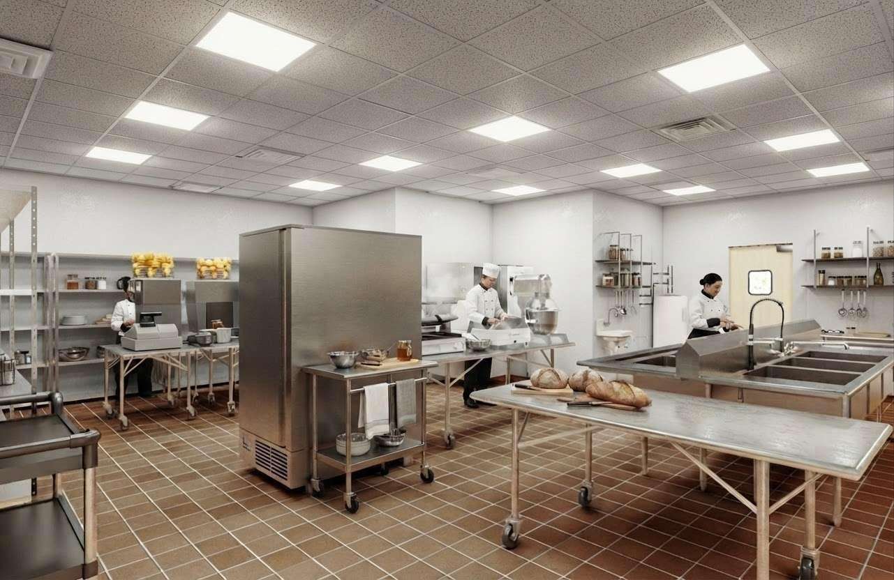 A commercial kitchen with stainless steel work tables, bread on the table, and chefs preparing food.