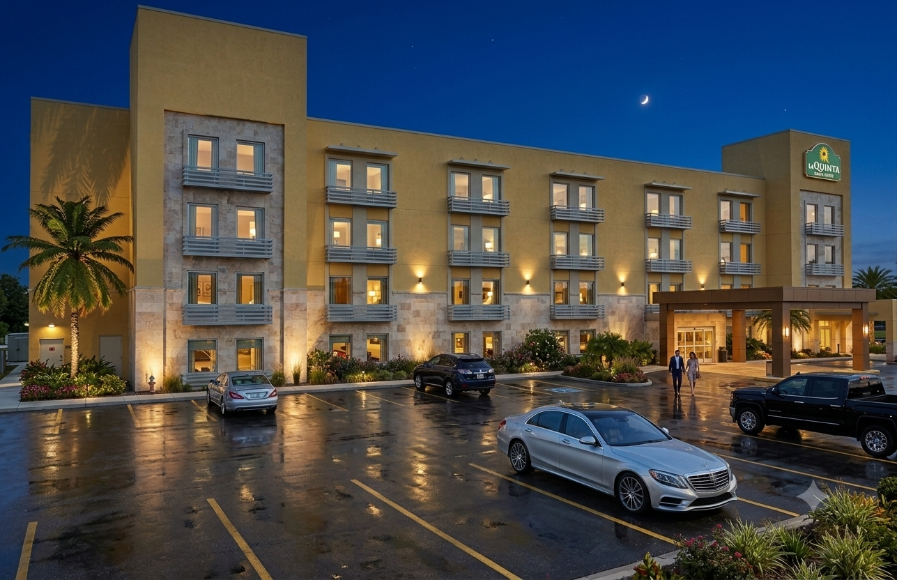 Exterior of a hotel at night with lit windows, palm trees, and a wet parking lot with parked cars. Two people are walking towards the entrance, and the moon and stars are visible in the sky.