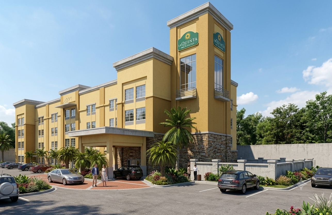 A modern four-story hotel building with yellow exterior walls, green signs that say 'La Quinta Inn & Suites,' and parking lot with several cars and a few people walking.