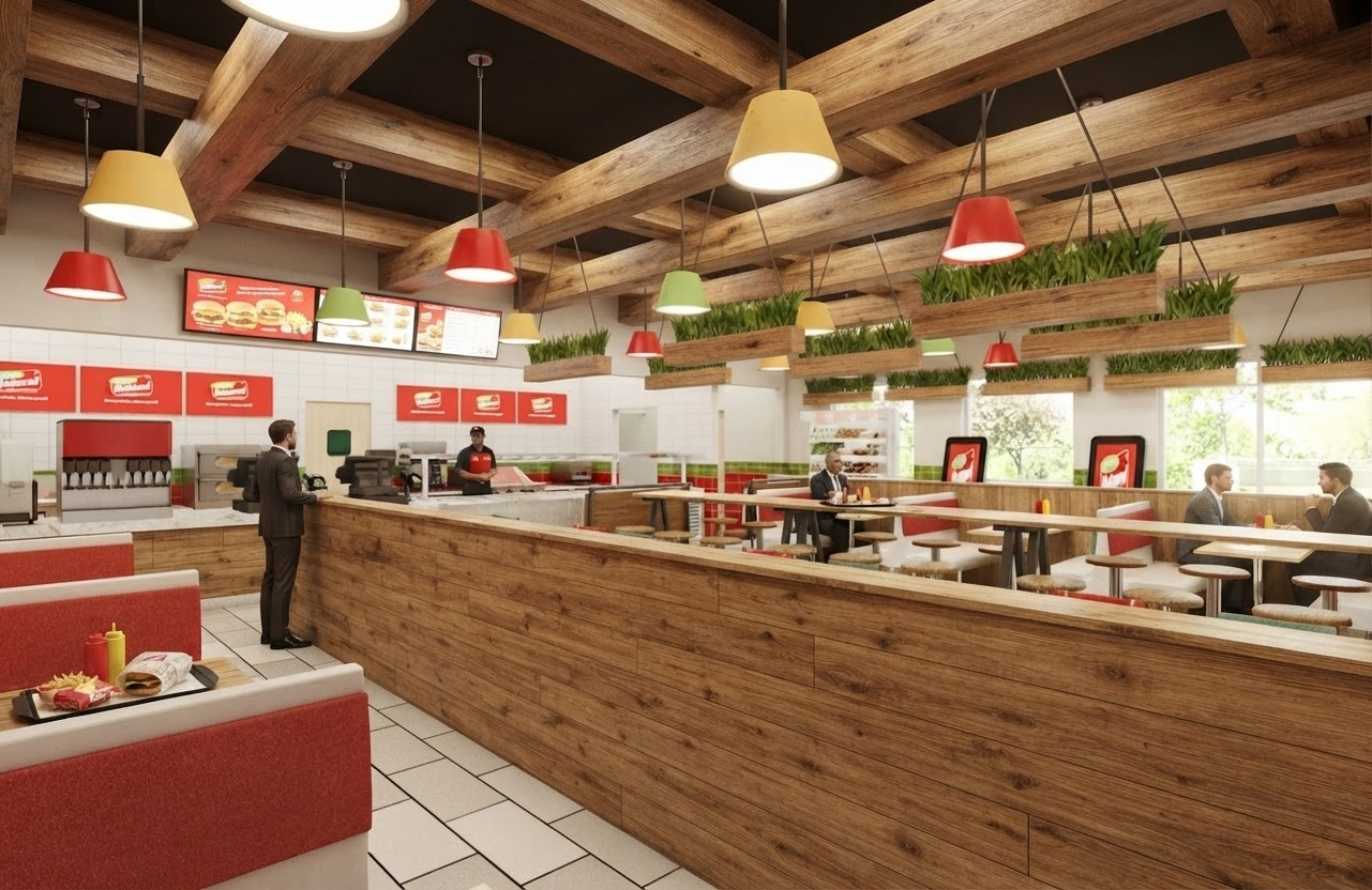 Interior of a fast-food restaurant with wooden furniture, hanging colorful lamps, and a counter with menu boards, where customers are ordering and dining.