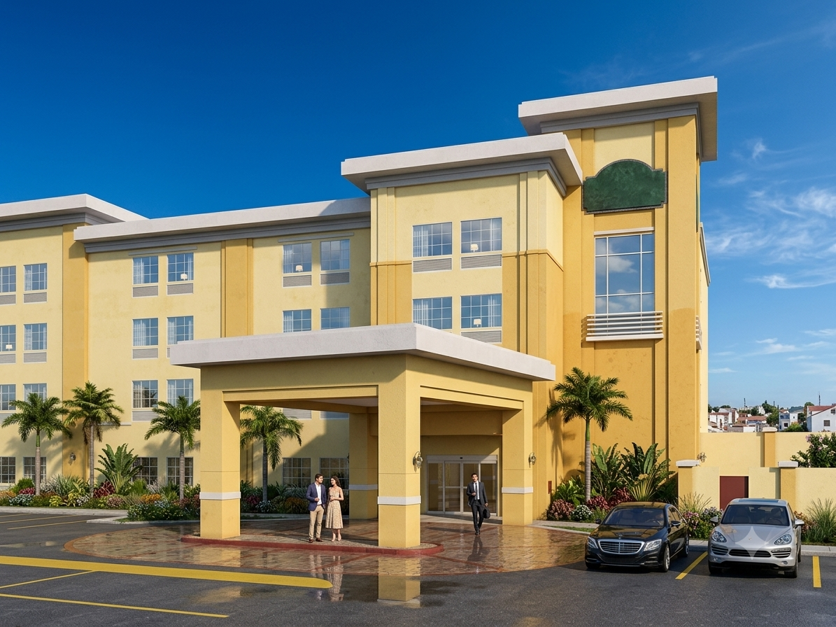 A yellow multi-story hotel with palm trees in the front, a covered entrance area, and a parking lot with two cars. Three people are standing and talking near the entrance, with one person walking away.