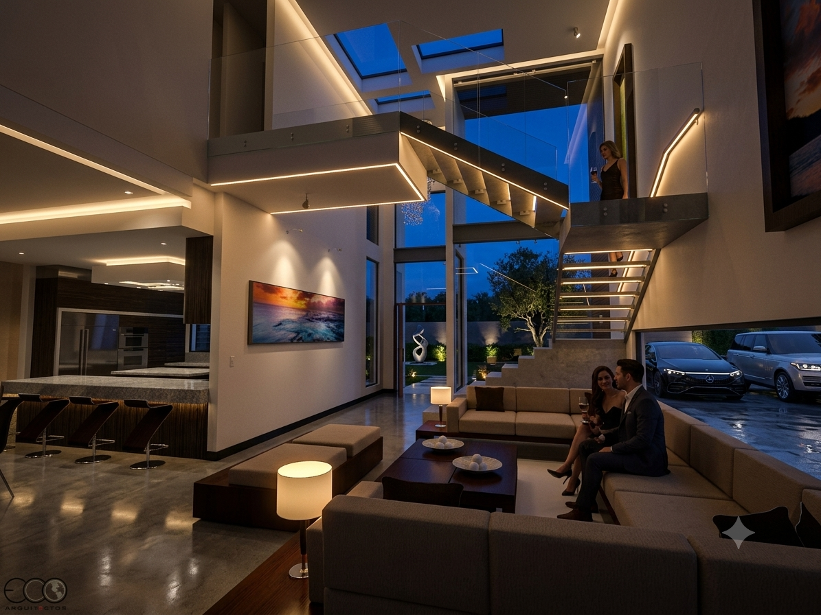 Interior of a modern, spacious living room during the evening with high ceilings and large glass windows. Two people are sitting on a beige sectional sofa, enjoying drinks. A woman is standing on a staircase balcony upstairs. The room is decorated with contemporary artwork, sculptures, and minimalistic lighting.