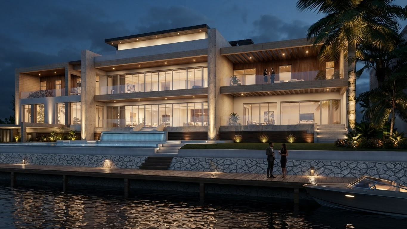 Modern multi-story house by the water at night, with large glass windows, outdoor lighting, and a boat docked nearby. Two people are talking on the dock, and others are visible on the upper balcony.