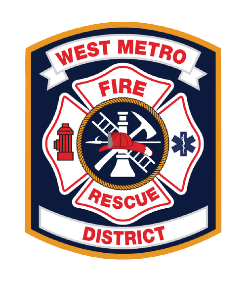 Emblem badge of West Metro Fire Rescue District featuring firefighting tools, hydrant, and medical symbol.