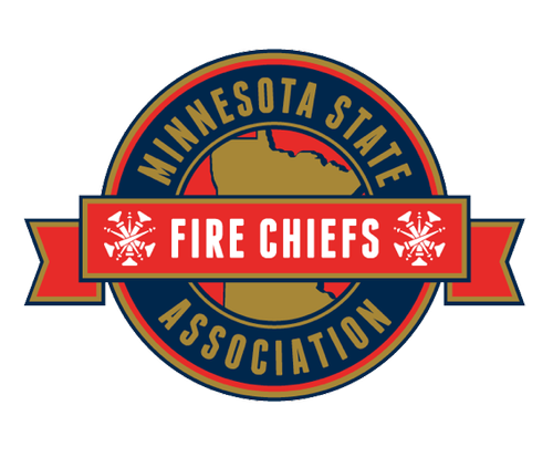 Logo of the Minnesota State Fire Chiefs Association featuring a map of Minnesota, a red banner with 'FIRE CHIEFS,' and fire department symbols.