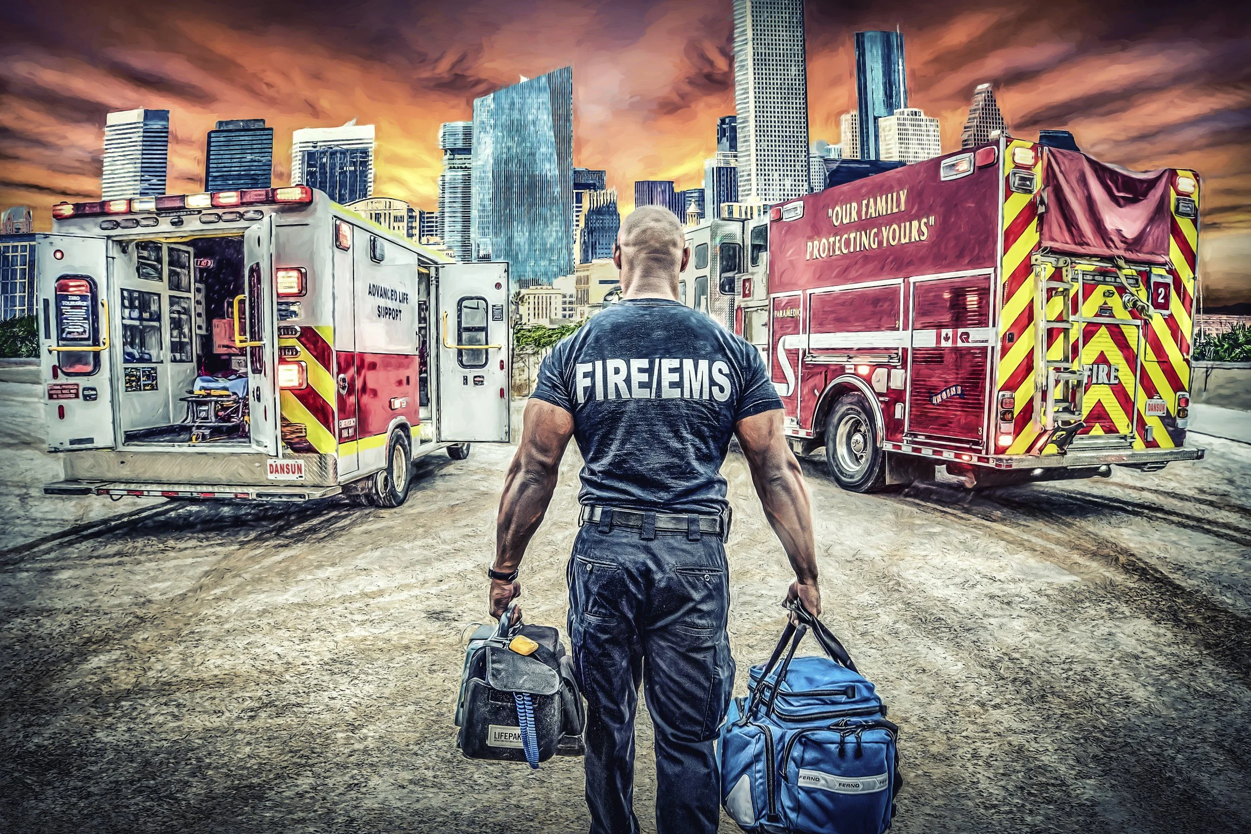 A firefighter with the words 'FIRE EMS' on his shirt walking away from the camera, carrying luggage, with fire rescue vehicles labeled 'ADVANCED LIFE SUPPORT' and 'OUR FAMILY PROTECTING YOURS' on either side, in an urban cityscape with tall skyscrapers and a colorful sunset sky.