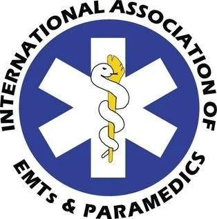Logo of the International Association of EMTs & Paramedics featuring a star of life symbol and a snake wrapped around a staff.