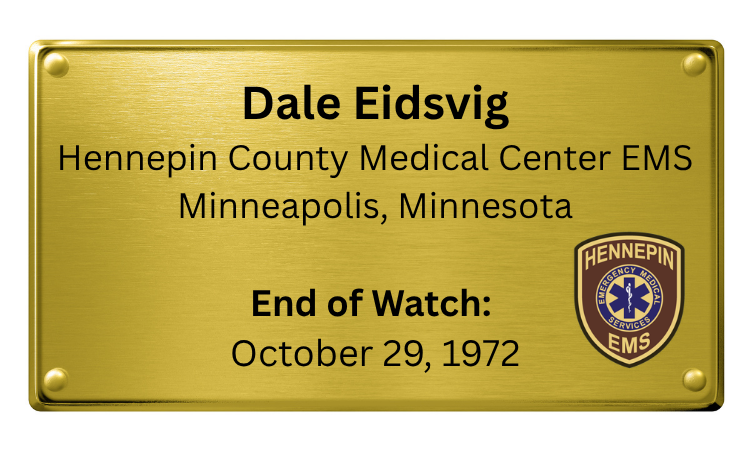 Gold commemorative plaque for Dale Eidsvig from Hennepin County Medical Center EMS in Minneapolis, Minnesota, marking the end of his watch on October 29, 1972.