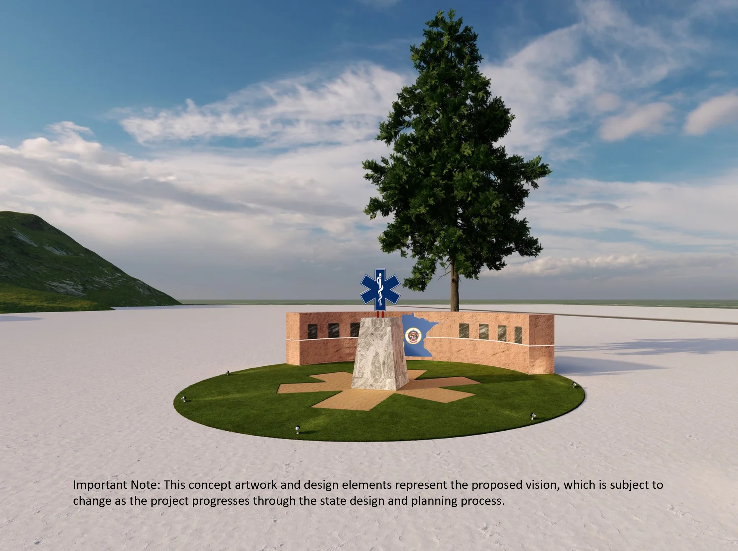 Concept artwork of a proposed memorial site with a tree, a building structure with design elements, and a blue medical symbol in front of the building, set in an outdoor landscape with mountains and a cloudy sky.