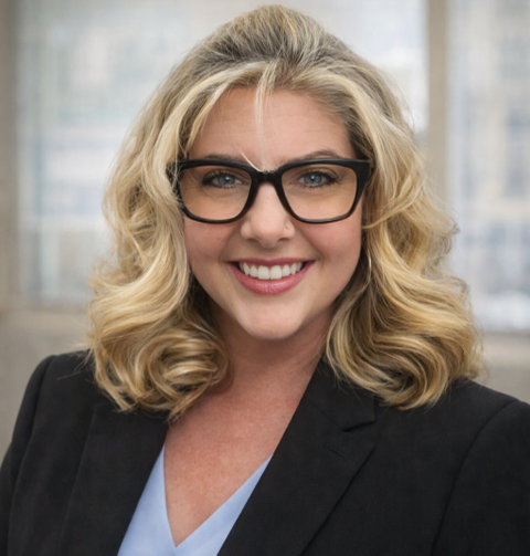 Woman with blonde curly hair, black glasses, wearing a black blazer and light blue blouse, smiling in an office setting.