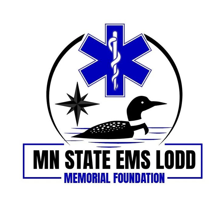 Logo for the MN State EMS LODD Memorial Foundation featuring a waterfowl, a North Star, and the Star of Life symbol with a snake and staff.