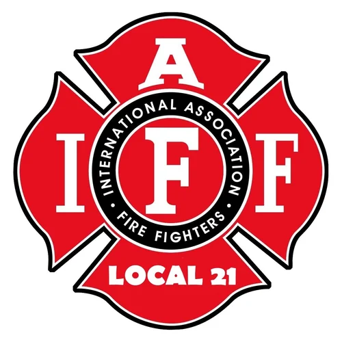 A firefighter badge with a red Maltese cross, featuring the words 'International Association of Fire Fighters' and 'Local 21'.